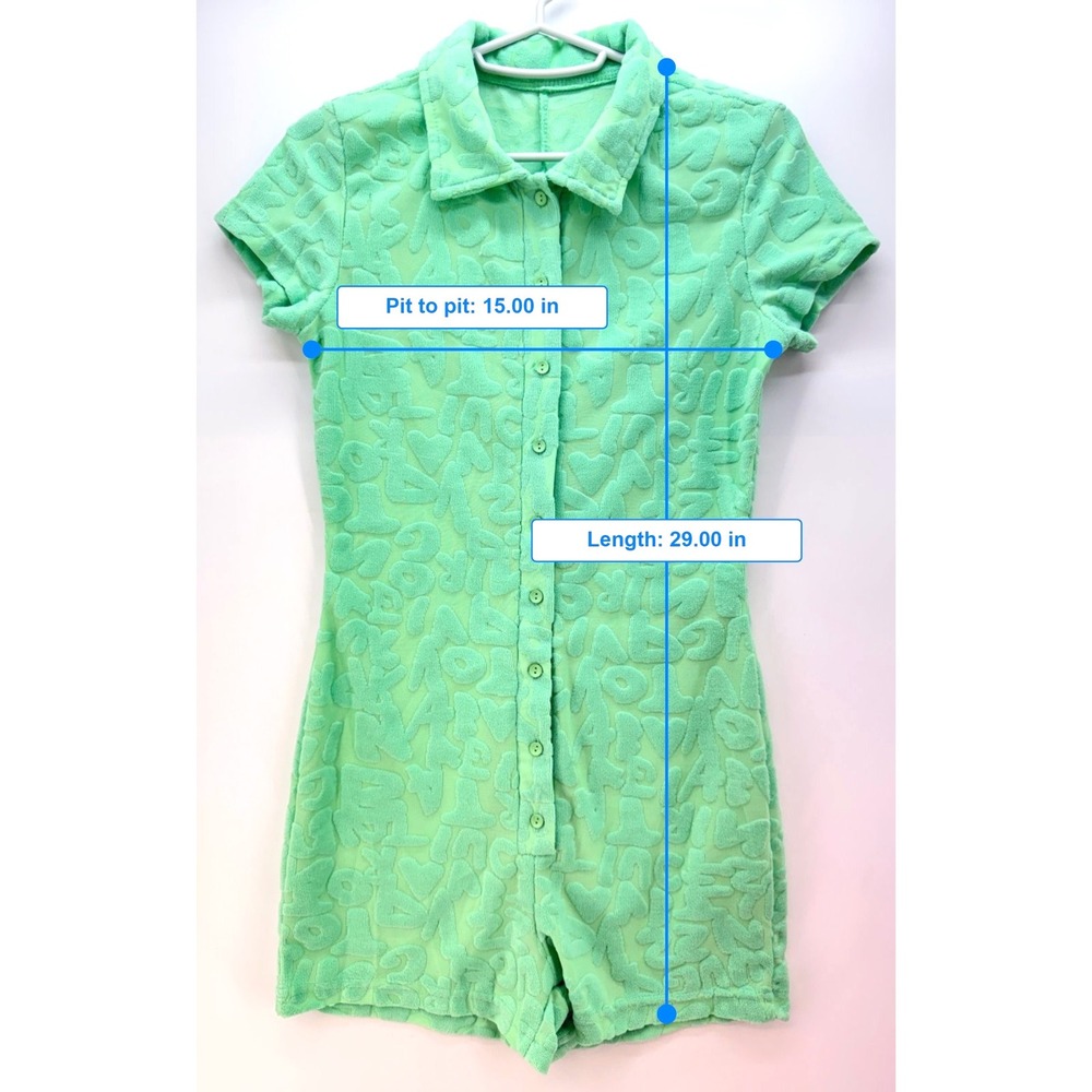 Green Textured Terry Letter Button Front Romper Sz M Y2K Beach Babe Dopamine - Picture 8 of 10
